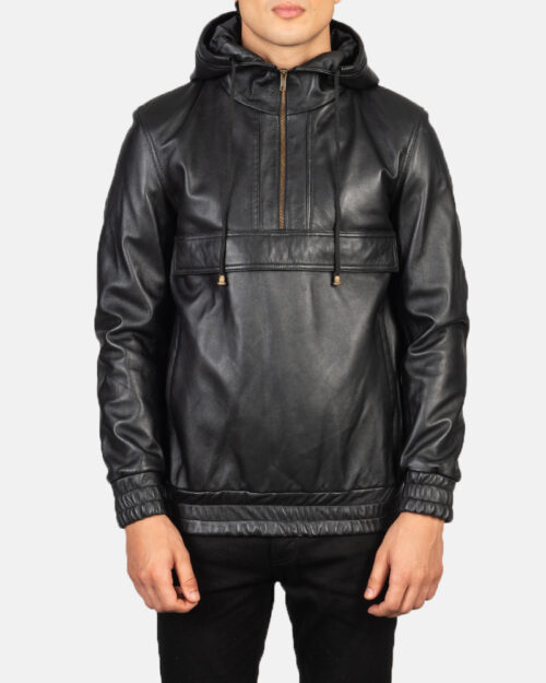 Nexus Hooded Black Leather Pullover Jacket
